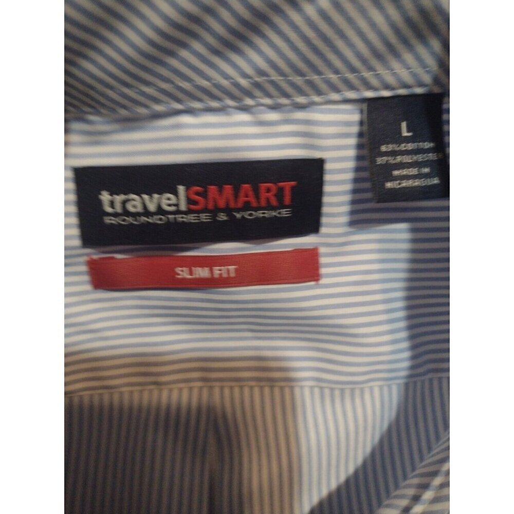 New Travel Smart Mens Large L Roundtree & Yorke Slim Fit S/S Button Shirt Blue - Picture 9 of 13